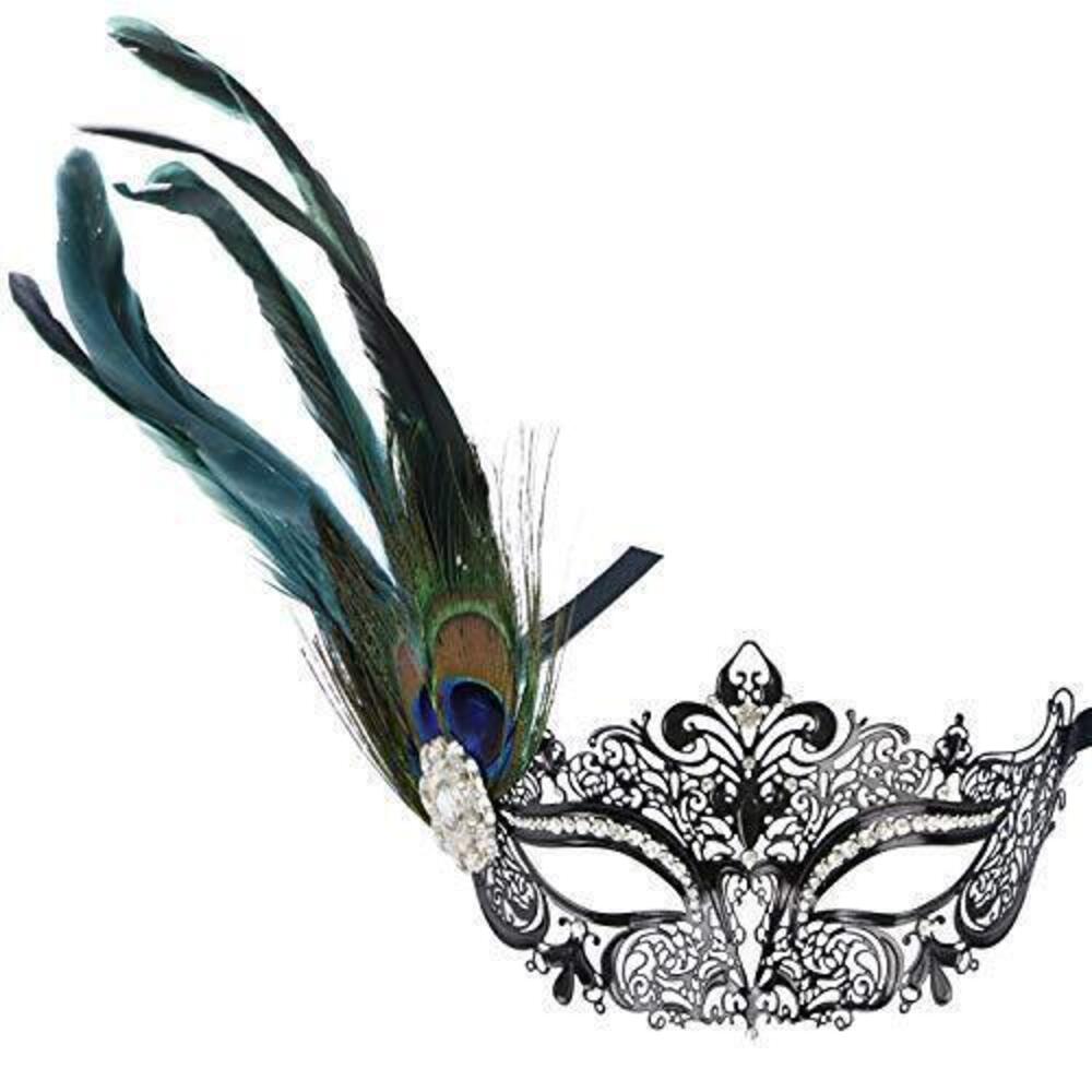 4690 Masquerade Metal Mask,Rhinestone Feathers Venetian Halloween Costume